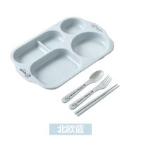 儿童餐盘分格幼儿园午餐盘子餐具套装宝宝防摔吃饭小麦秸秆碗水杯 欧式蓝色 [盘+筷勺叉]四件套
