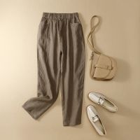 折扣店商场撤柜女装尾货反季清仓特价棉麻九分裤子女士亚麻哈伦裤 卡其色 M[100内穿]