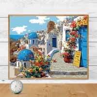 diy数字油画海边建筑富士山风景学生手绘填色减压涂色客厅装饰画 5136浪漫地中海 40x50无框[只有画布+颜料画笔]