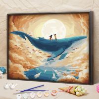 梵彩家饰 DIY数字油画卡通人物手工绘填充涂色油彩装饰画森系女孩 鲸生和你在一起 40*50绷内框1.6厚黑白画布