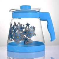 富源玻璃透明大容量1.8升冷热水茶壶果汁壶 扎壶家用茶楼 17006烤花蓝色(1.8L)