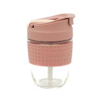 乐扣乐扣水杯玻璃杯女大容量咖啡杯便携简约泡茶杯耐热两用随行杯 落樱粉350ml