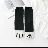 毛绒袜女雪地珊瑚绒毛巾加厚保暖秋冬地板睡眠袜子居家可爱猫爪袜 纯黑色猫爪 2双