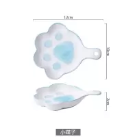 新款手绘卡通猫掌陶瓷盘创意可爱宠物饲料盘碟子家用菜盘烤盘餐具 蓝色小号2只(小碟子)