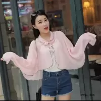 御思图新款骑开车百变雪纺披肩女夏防晒衣斗篷沙滩纱丝巾披风两用 黑白线浅粉红 均码