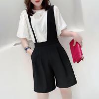 时尚短袖T恤不规则背带短裤两件套装欧洲站2021春夏女装新款欧货 纯棉上衣[白色]+背带裤 S 85-100斤