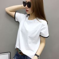 [95%棉]短袖女2021新款宽松圆领t恤女韩版白色夏装半袖上衣体恤 白色 (边黑) S