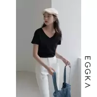 EGGKA短袖t恤上衣女夏2021新款潮白色圆领冰丝V领上衣韩版宽松【9月30日发完】 黑色-V领 XL