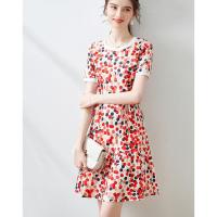 时然2021夏季新款时尚气质荷叶边显瘦舒适轻薄波点连衣裙女 红色 S