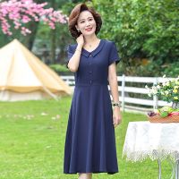雪暖中年女装新款中年妈妈夏装连衣裙休闲洋气质妇女短袖裙子 XNBD8211F52藏青 XL 建议80-110斤