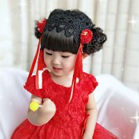 宝宝假发发带百天抓周岁唐装头花婴儿童汉服发夹女孩古装刘海配饰 黑色波浪发网红花彩带 3-6个月41cm