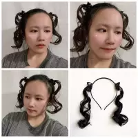 女童宝宝搞怪假发女发箍装扮长卷发逼真双马尾发饰可爱蝴蝶结发卡 黑色假发发箍（成人儿童适用）
