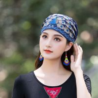 新款民族风绣花帽子百搭棉麻薄款头巾帽子女系带松紧带头饰女帽子 孔雀开屏(蓝色)单帽子