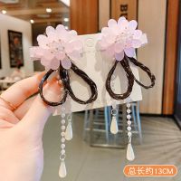 汉服发夹儿童发饰流苏女童发卡头饰古风飘带边夹蝴蝶结对夹假发辫 珠子假发辫粉色