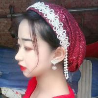 穆斯林夏季新款珍珠流苏发箍帽回民时尚亮片头巾盖头包头一体帽 酒红色发箍帽子