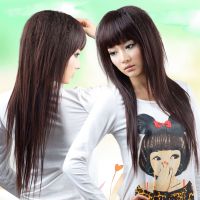 高温丝假发女蓬松玉米烫非主流长直卷发仿真自然整顶修脸齐斜刘海 板栗色齐刘海