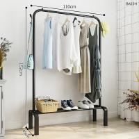 简易晾衣架落地卧室家用挂衣架置物杆式折叠室内凉晒衣服衣帽架子 110cm[黑单杆]双勾+置物架 1个