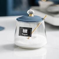 调味盒厨房家用辣椒盐糖醋油壶收纳调料瓶子玻璃调味罐组合套装 单个蓝色调味盒(送勺子标签)