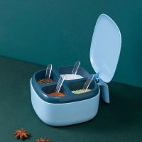 北欧调料盒套装厨房家用组合四格一体创意调味盒调料收纳盒作料罐 撞色蓝[升级加厚经典款]+4小 勺