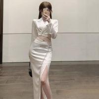套装裙女2021春秋新款短款西装领上衣+高腰开叉包臀半身裙两件套 半身裙 单件 S
