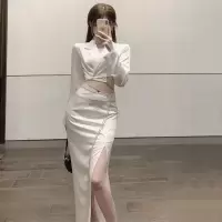 套装裙女2021春秋新款短款西装领上衣+高腰开叉包臀半身裙两件套 半身裙 单件 S