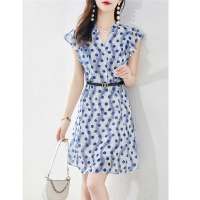 尚静2021夏季新款波点条纹时尚V领连衣裙系带收腰修身显瘦裙子女 蓝/多色 S