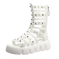 罗马凉鞋女2021新款时尚百搭厚底休闲松糕鞋铆钉镂空后拉链短靴子 白色 35 标准码