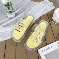 欧洲站女凉拖鞋2021夏款透明塑胶皮带扣露趾水晶底松糕凉鞋沙滩鞋 黄色 40