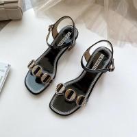 2020新款中跟凉鞋女夏日百搭时尚粗跟韩版女鞋露趾一字扣高跟鞋女 L2009黑色 35