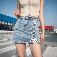 薄款夏季韩版绑带高腰防走光紧身包臀a字牛仔短裙女显瘦a字半身裙 946#蓝色 S