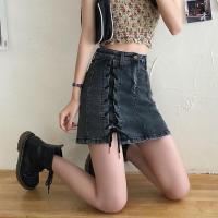 绑带牛仔半身裙2021夏装新款大码微胖辣妹高腰弹力不规则包臀短裙 黑色-高质量 S码:建议85-100斤