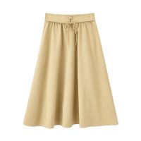 茵曼夏装新款半身中裙棉质中高腰绑带收腰显瘦A字裙半身裙女 卡其色 S