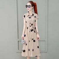 连衣裙女夏装2021年新款韩版时尚气质收腰显瘦小个子波点无袖长裙 杏色 S 建议80-98斤