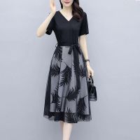 连衣裙女2021夏季新款中长款大码收腰显瘦假两件网纱拼接a字裙 黑色 L 建议亲95-115斤