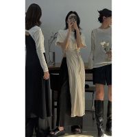 夏季新款韩版设计感小众圆领绑带收腰设计侧开叉短袖连衣裙长裙女 杏色 XXS码建议(10-20)