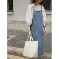 2021夏新款韩版宽松显瘦背带裙吊带裙女夏中长款牛仔裙吊带连衣裙 浅蓝色 XS 建议100斤以下