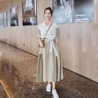 赫本风连衣裙女夏季2021新款法式长款衬衫裙气质收腰显瘦桔梗长裙 小清新绿 S