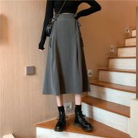 2021春秋新款韩版宽松高腰显瘦A字裙遮垮中长款双耳系带半身裙女 灰色 S