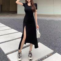 女人味褶皱遮肉显身材收腰连衣裙不规则燕尾收腰气质弹力包臀长裙 黑色 S