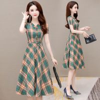 连衣裙女夏2021新款韩版收腰系带中长款通勤轻熟风a字格子裙潮 799-绿色 [主播推荐款] M 建议[80-100斤]