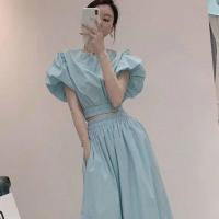 单/套装洋气减龄两件套裙子女夏季新款韩版泡泡袖上衣显瘦套装潮 蓝色【单件上衣】 M 建议95-105斤