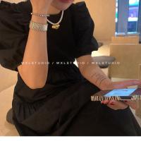 夏季泡泡袖连衣裙法式高级感赫本风黑色收腰显瘦气质桔梗裙 黑色 2XL