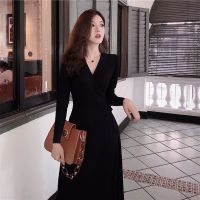 早春新款御姐风气质V领小黑裙开叉一片式绑带收腰修身长款连衣裙 黑色长袖 长袖 S