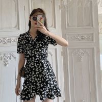 夏季新款收腰吊带裙小个子修身短裙性感豹纹波点印花系带连衣裙女[10天内发货] 黑色小雏菊 [关注店铺优先发货] S