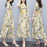 夏季新款复古棉麻碎花连衣裙女夏天宽松V领短袖系带大摆裙子长裙 黄色(商城优质版) M 建议110斤以下