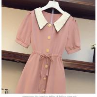 胖妹妹时尚短袖连衣裙2021夏季洋气减龄显瘦法式遮肚娃娃领中长裙 粉色 M 建议80-100斤