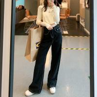 秋季牛仔裤女ins设计感绑带直筒阔腿裤宽松辣妹显瘦高腰长裤子潮 黑色[9023] XS