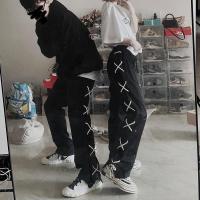 交叉反光绑带裤子女2021夏季新款宽松韩版嘻哈ins潮流长裤工装裤 黑色(男女同款) M (收藏优先发货!)