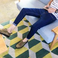 夏季港风裤子男学生韩版牛仔裤男宽松直筒破洞九分裤松紧腰百搭潮 深蓝紧身[不建议] 3XL