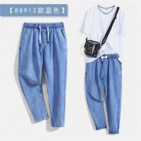 天丝男牛仔裤夏季超薄款冰丝潮流9九分小脚休闲宽松哈伦直筒系带 浅蓝[88912] M
